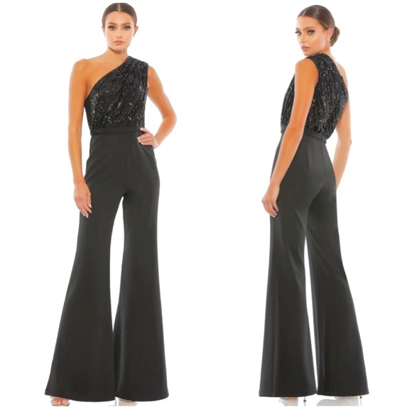 IEENA FOR MAC DUGGAL Sequined One Shoulder Jumpsuit NEW Size 6 Black Flare Leg - Picture 1 of 14
